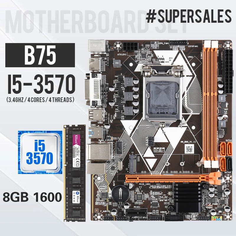 Kllisre B75 материнская плата с Core i5 3570 8 Гб 1600 МГц DDR3 настольная память NVME M.2 USB3.0 SATA3 |