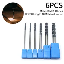 

6 Pcs 100mm End Mill CNC Tool 3MM-10MM W/ 4 Flutes Extra Long Shank Tungsten Carbide Woodworking Tools Parts