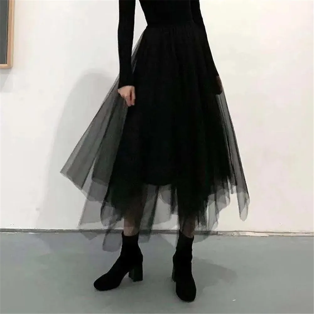 Vintage Punk Gothic Grauer Tüll Langer Unregelmäßiger Plissierter Rock Damen Elastische Hohe Taille A-Linie Mesh Midi-Röcke Streetwear – Detail 15