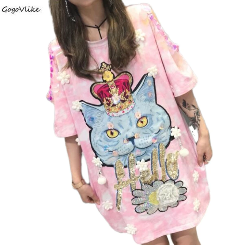 Kawaii, расшитые блестками топы с котом, женская розовая Повседневная футболка с коротким рукавом и круглым вырезом, женская летняя футболка для отдыха, женская футболка с открытым плечом, SA340S30