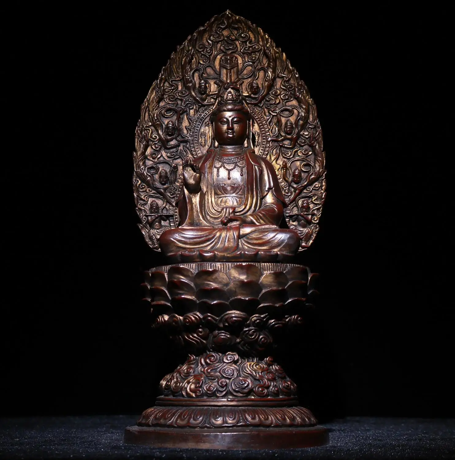 

15" Tibet Buddhism Temple Old Bronze Lacquer Painted Jingping Guanyin Bodhisattva Avalokitesvara Amitabha Enshrine the Buddha