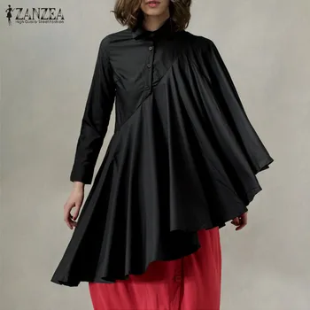 

Stylish Women Asymmetric Blouse ZANZEA Casual Lapel Neck Ruffles Shirt Blusas Femme Long Sleeve Flounce Tops Tunic Loose Chemise