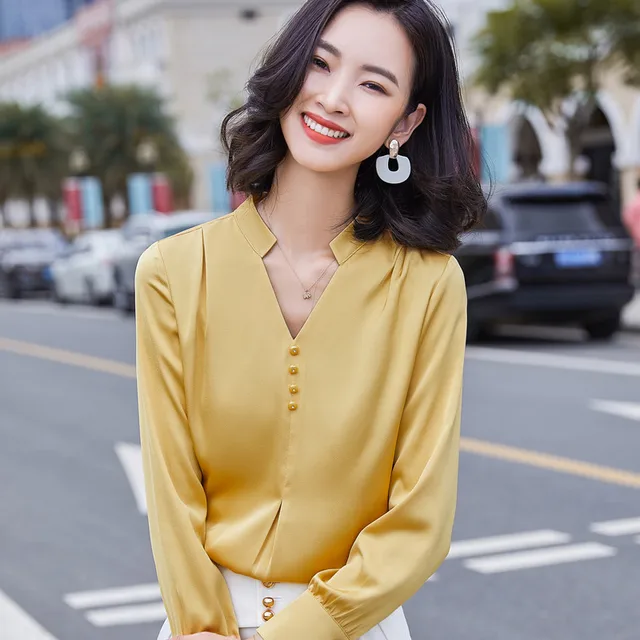 Yellow Shirt Women Long Sleeve Satin Autumn New Design Temperament V Neck  Casual Chiffon Blouses Office Ladies Formal Work Tops - Women Blouse -  AliExpress