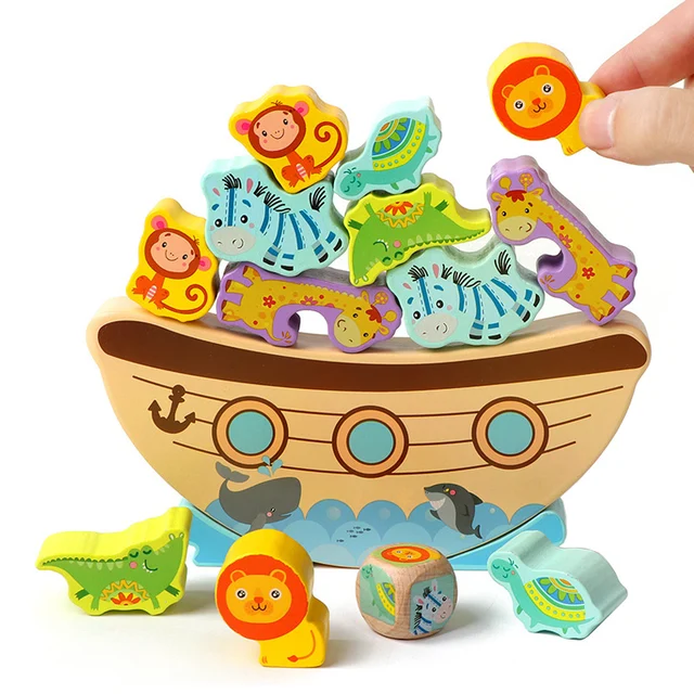 Montessori Animal Stack Balance Game Wooden Marine Life Throwing Dice Stacking Building Blocks Balance Training Educational Toys 3