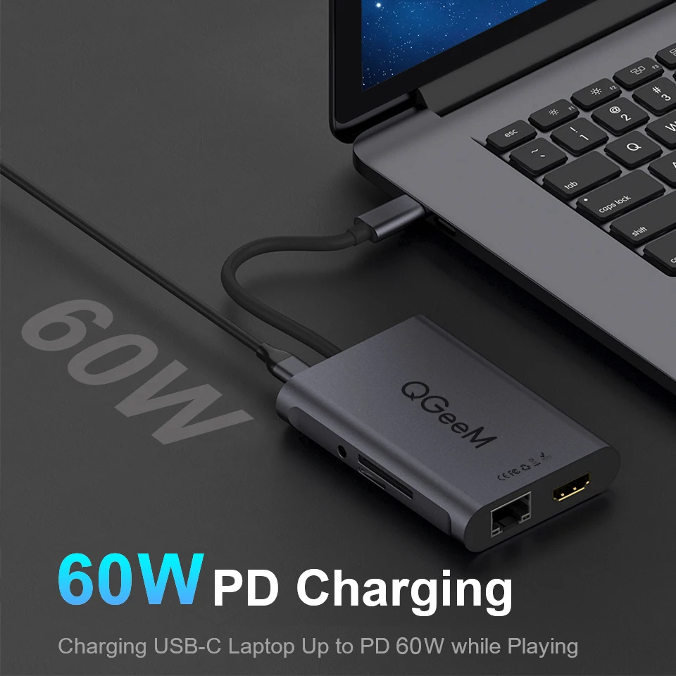 QGeeM 8 In 1 USB C Hub for Macbook Pro USB Hub 3.0 Adapter PD HDMI RJ45 TF SD 3.5mm Aux Type C Hub for iPad Pro Splitter Dock 3