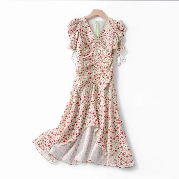 

Fashion Drawstring Pleated Women Midi Dress Print Slim Waist V-neck Lady Irregular Holiday Beach Puff Sleeve Dresses
