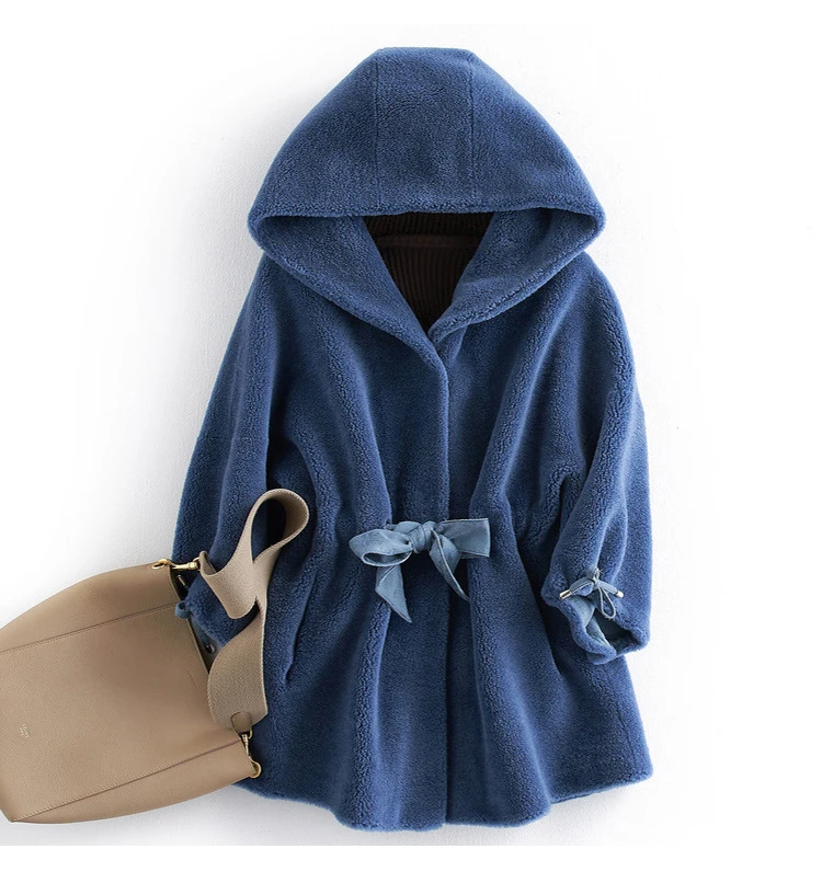 blue Женское зимнее пальто из натурального меха, стрижка овец, повседневное теплое пальто из натуральной овечьей шерсти, пальто с капюшоном и поясом F126 - Цвет: blue