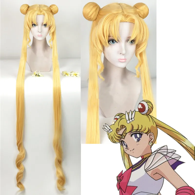 witch costume women Tsukino Usagi Cosplay Wig Long Curly Blonde Double Ponytails Heat Resistant Synthetic Wigs + Wig Cap womens halloween costumes