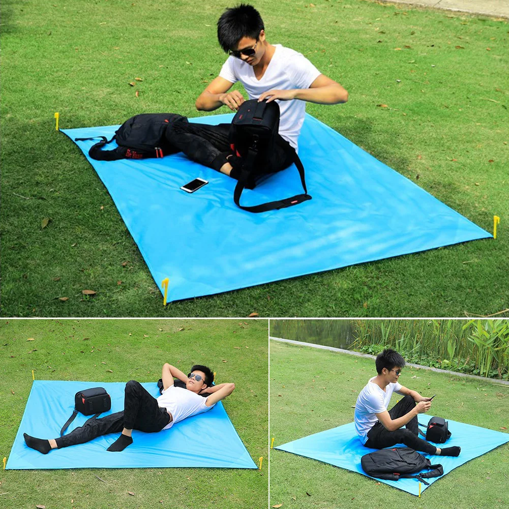 Карманный коврик для пикника, портативная водонепроницаемая сумка на шнуровке, для пляжа, кемпинга, практичная, для путешествий, легкая, с кольями, складная, для улицы