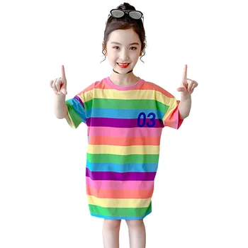 

Summer Dress Girl Rainbow Color Dress For Girl Casual Style Kids Dress Letter Pattern Girl Costume 6 8 10 12 14