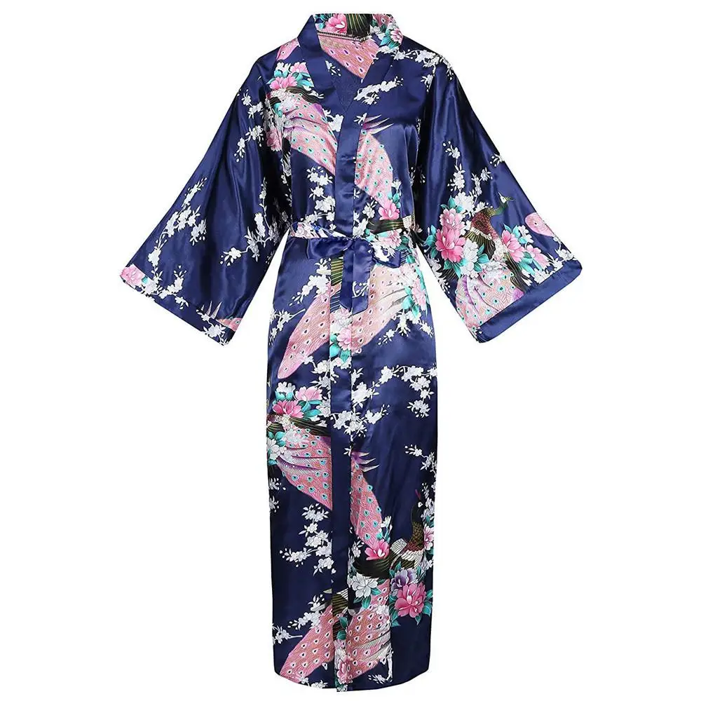 Полурукав, для отдыха, невесты, свадебное платье, Повседневная Длинная Ночная рубашка, неглиже, цветочное кимоно, платье, халат, платье - Цвет: Navy Blue B