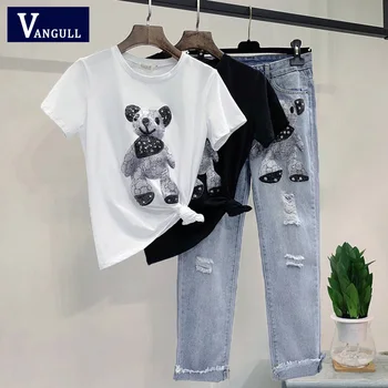 

Vangull 2019 Summer New Cartoon Short Sleeve Cotton T Shirt & Hole Jeans Sets Fashion Denim Suit Female Two Piece Women Pant Set