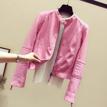 

Spring Autumn Pink Leather Jacket Girls Ladies New Korean Style Motorcycle Small Leather Coat Short Pu Jacket Slim Coats Women