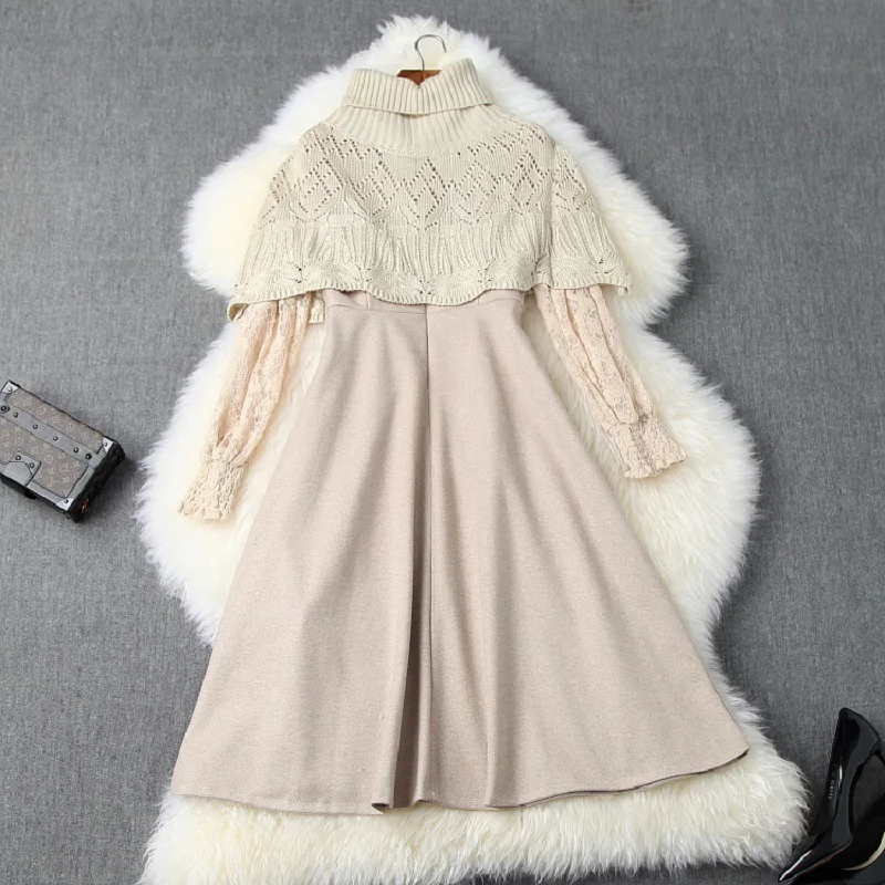 Кружевное платье с длинными рукавами уличный осенний теплый комплект одежды для женщин рождественское праздничное платье повседневные зимние платья xl