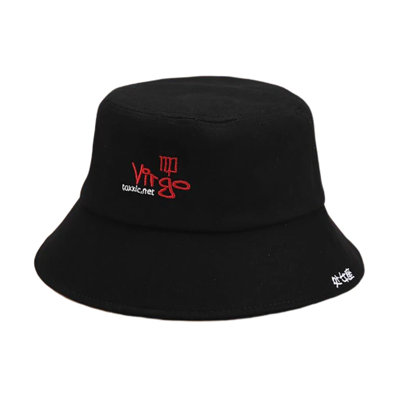 black NEW Twelve Constellation Embroidery Hat Women Fisherman Hat Men Spring Summer Bucket Hat Outdoor Leisure Cotton Sunshade Cap - Цвет: black