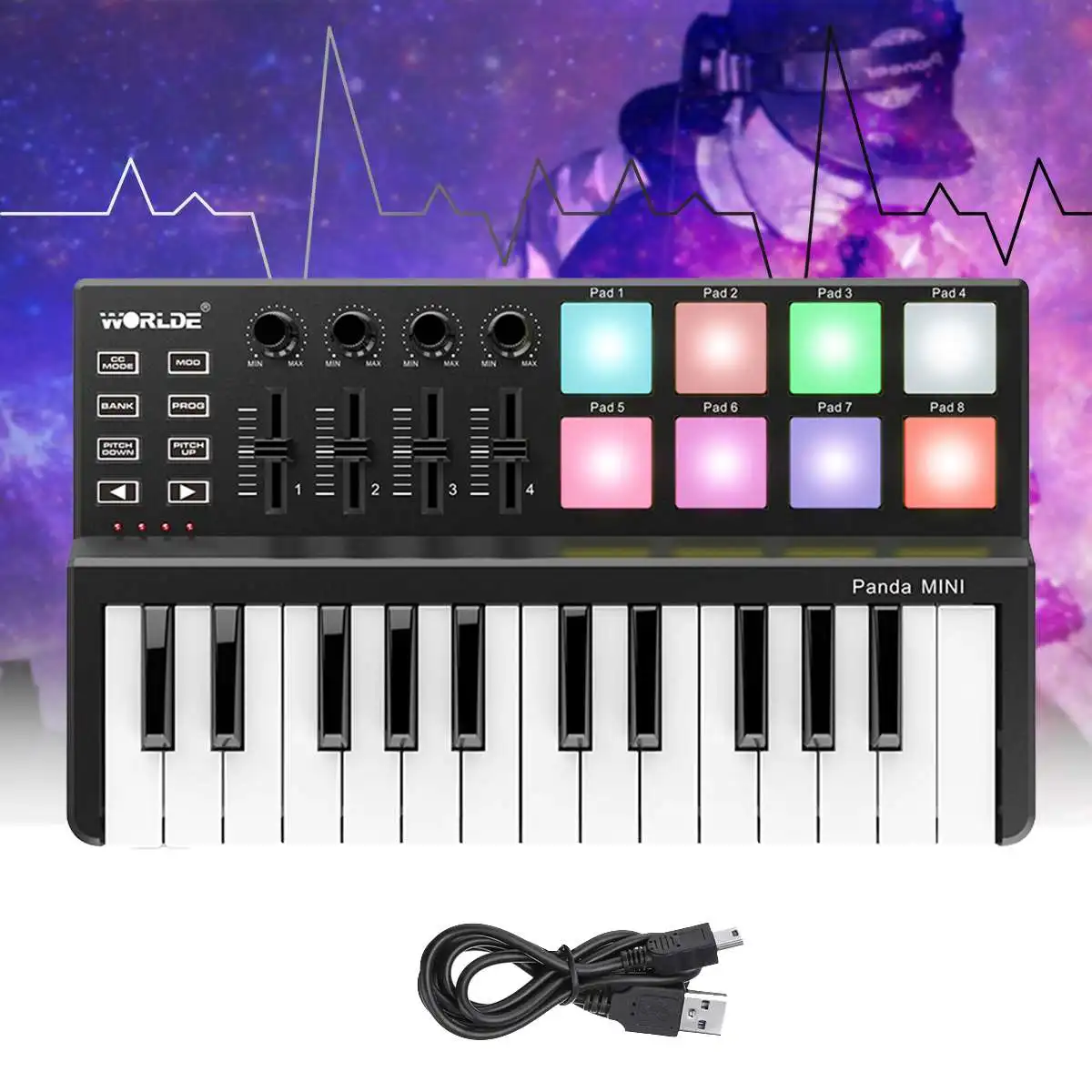 Портативный MIDI-контроллер Worlde Panda MINI 25 клавиш триггерные подушки с подсветкой |