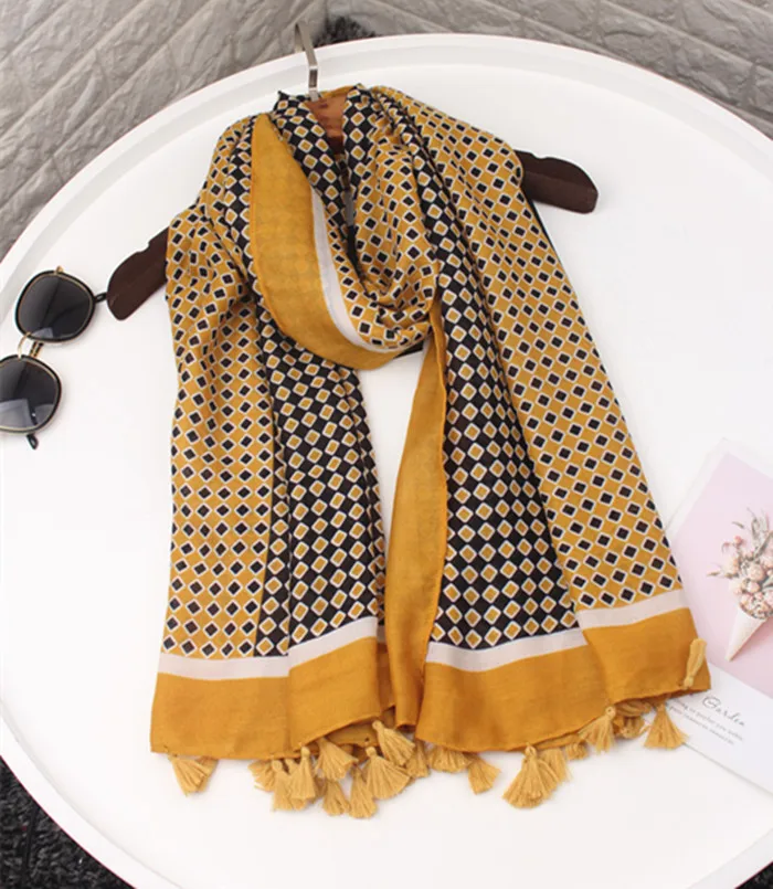 Женские шарфы, хлопковый желтый хлопковый шарф, модные пашмины, хлопковые шали и палантины, Геометрическая бандана, Женский хиджаб, зимние шарфы