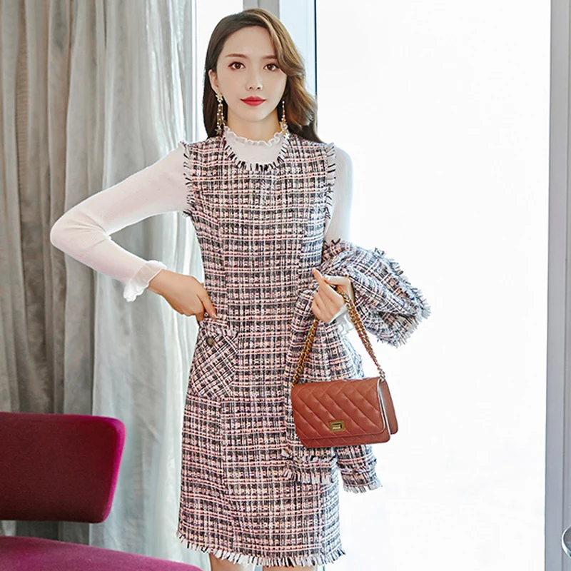 sleeveless dress Клетчатый твидовый пиджак+ платье без рукавов, костюм весна/осень/зима, Женская куртка, пальто с длинным рукавом, деловой женский костюм из 2 предметов - Цвет: sleeveless dress