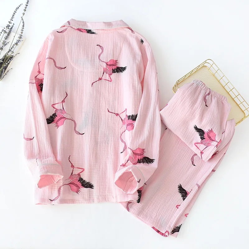 Women Long Sleeve Nightwear Spring 100% Cotton Knitted Pajama Set Cartoon Flamingo Printing Pajamas Loungewear Sleepwear