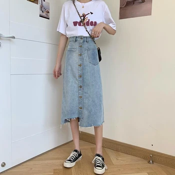 

Women's Long Denim Skirt Hight Wasit Jeans Female Casual A-line Skirt Mid-Calf Button Skirt