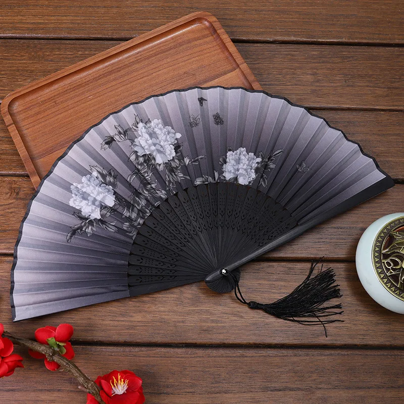 Chinese Japanese Silk Folding Fan Wooden Shank Classical Dance Fan Tassel Female Hand Fans Craft Gift Photo Prop