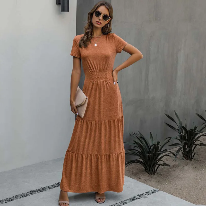 2021 Long Summer Party Dress Women Pleated Elegant Maxi Dress Sundress Women Floor Length Short Sleeve Casual Robe Femme
