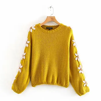 

womens casual yellow embroidery sweater 2020 fashion new spring-autumn o-neck puff sleeve ladies pullover elegant loose pullover