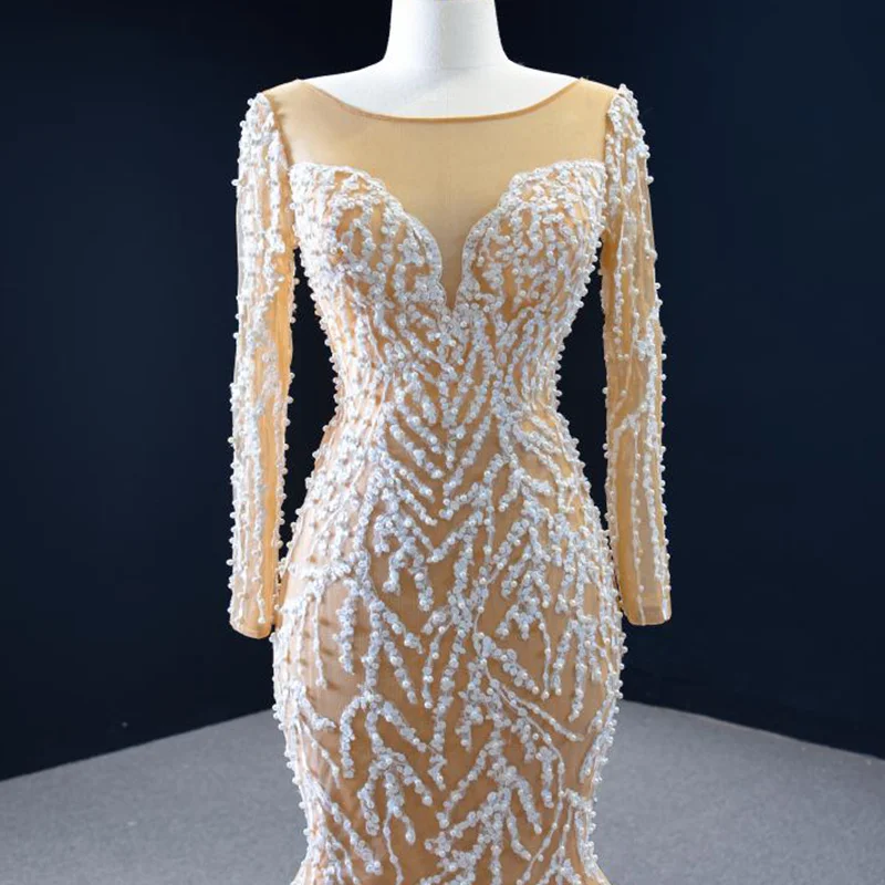 J67211 Jancember New Mermaid Wedding Dress 2020 Custom Design Dress Pearls V-Neck Long Sleeve Applique 6
