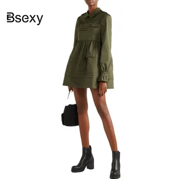 

Fashion Military Style Long Sleeve Loose Mini Dress 2019 Autumn Brand Designer Cute Peter Pan Collar Single Breasted Shirt Dress