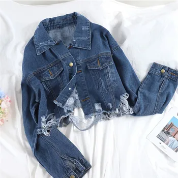 

2019 Autumn Women Ripped Hole Denim Jacket Turn-Down Collar Vintage High Waist Short Jacket Casual Jean Loose Coat