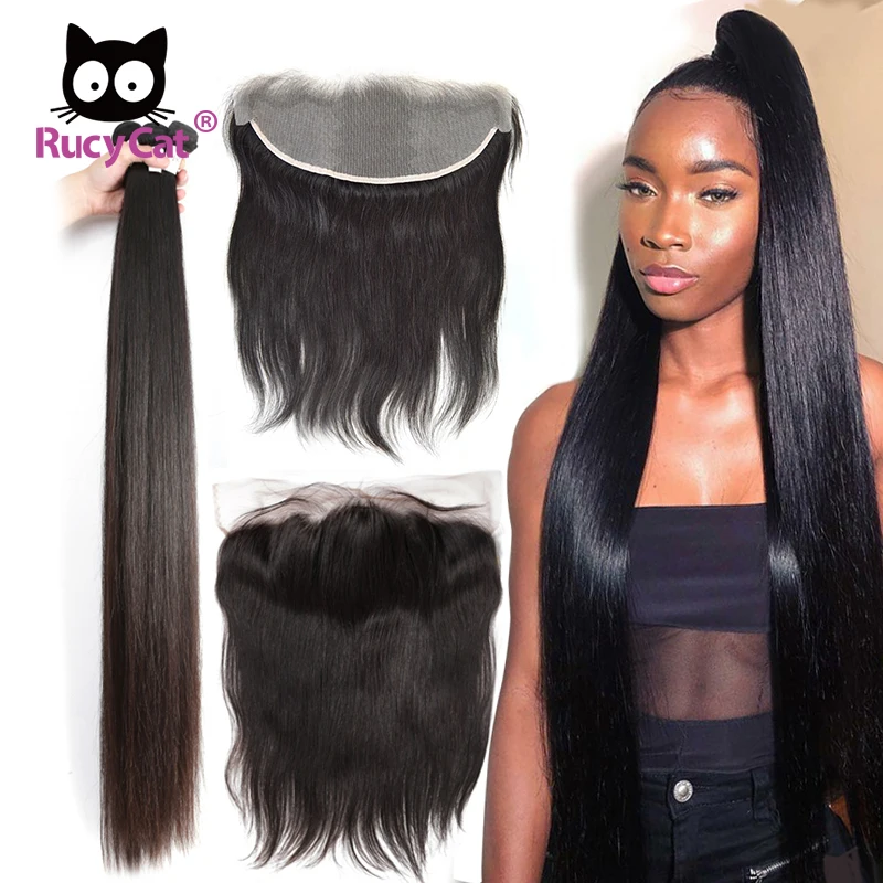 

Rucycat 8- 40inch Human hair Bundles With Frontal Closure Brazilian Remy Hair Straight 13X4 Lace Frontal Ear To Ear