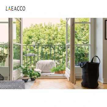 

Laeacco Spring Landscape French Window Handrail Potted Plant Bedroom Photography Backdrops Photographic Backgrounds Photo Studio