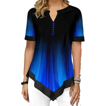 

Dropshipping 2020 New Women Print Short Tshirts Summer Hotsale Asymmetric Hem Button Detail T Shirt Split Neck Casual Tops