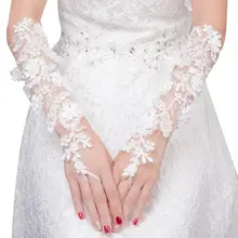 Свадебные перчатки без пальцев с вышивкой, цветочные кружевные длинные митенки с искусственным жемчугом