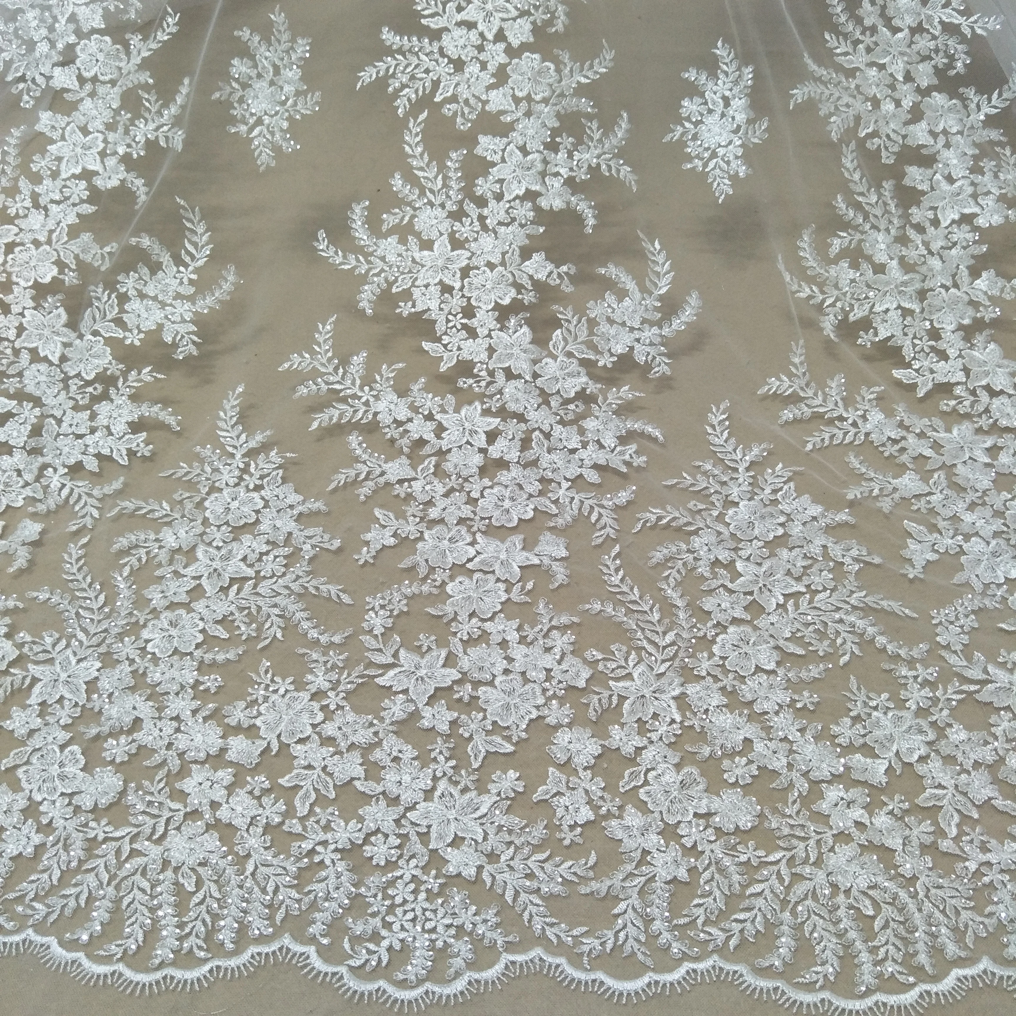 Tulle lace fabric for wedding dress, fashion, ivory lace fabric with sequins ,sale by Yard