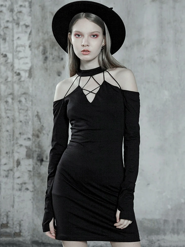 

Punk Rave Women's Goth Halterneck Off Shoulder Long Sleeved Black Little Dress PQ-539 Asian Size S-L