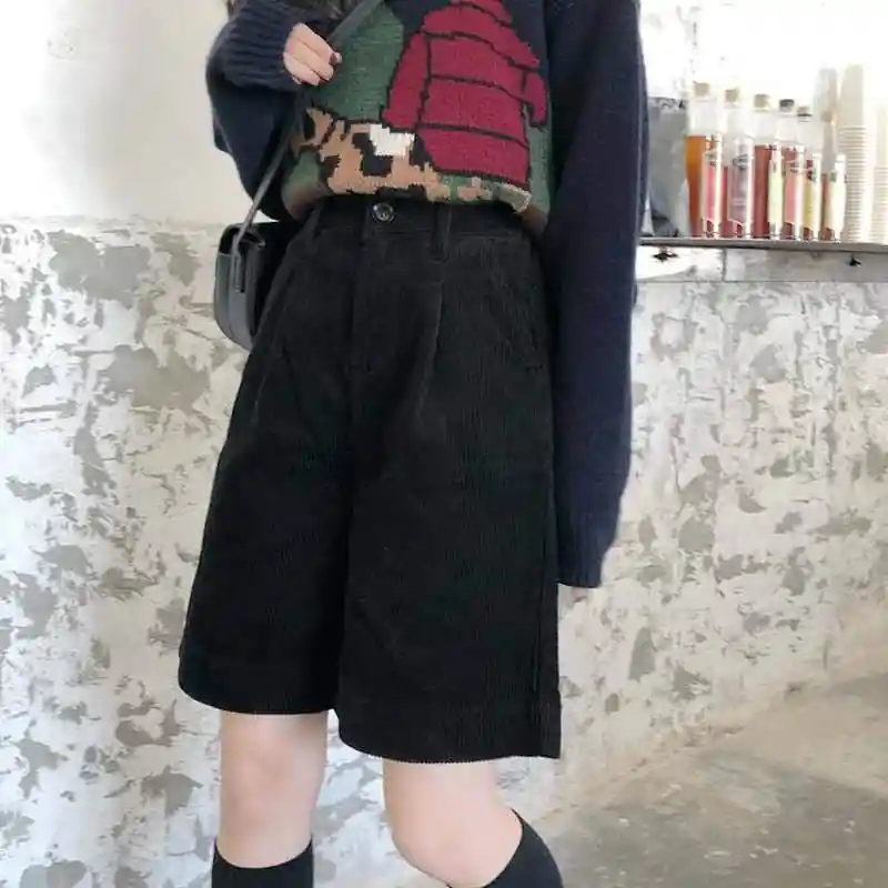 Уличная одежда вельветовые шорты женские Осень Зима корейский Высокая талия широкие брюки шорты дамы размера плюс элегантные свободные шорты Femme