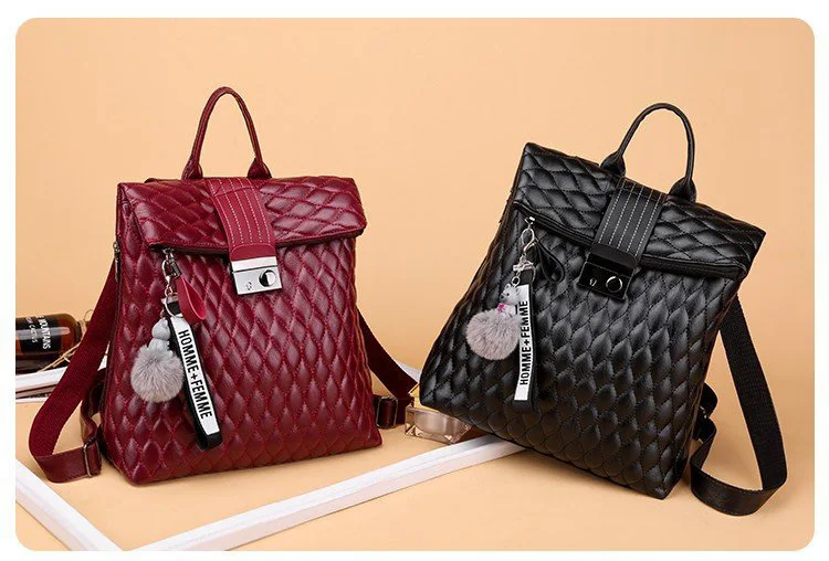 2019 Brand Designer Women's Quilted Leather Backpack Purse Ladies Fashion Leisure Rucksacks Anti Theft Backpacks with Lock Black (1)