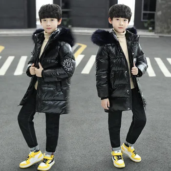 

Kids Boys Jacket 2020 Fall Winter Fur Hooded Long Jackets Coats Teenager Kids Warm Cotton Padded Coat Children Outerwear Clothes