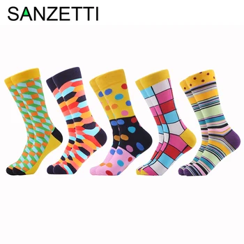 

SANZETTI 5 Pairs/Lot 2020 Colorful Funny Crew Socks Mens Summer Fall Casual Dress Streetwear Stretch Skateboard Geometry Socks