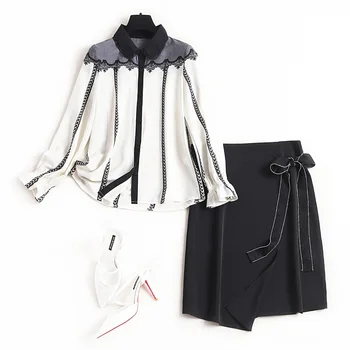 

Women asymmetric skirt suit new 2020 spring summer print chiffon shirts tops + black bow tie waist elegant two piece set
