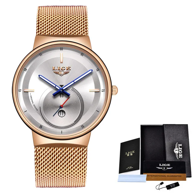 LIGE новые синие модные уникальный дизайн кварцевые часы мужские часы лучший бренд класса люкс Мужские Простые повседневные часы из стали водонепроницаемые часы - Цвет: Rose gold white