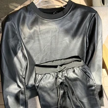 Женская кожаная куртка с круглым вырезом свитер кожа+ брюки костюм производители кожаная куртка Женский костюм из двух частей