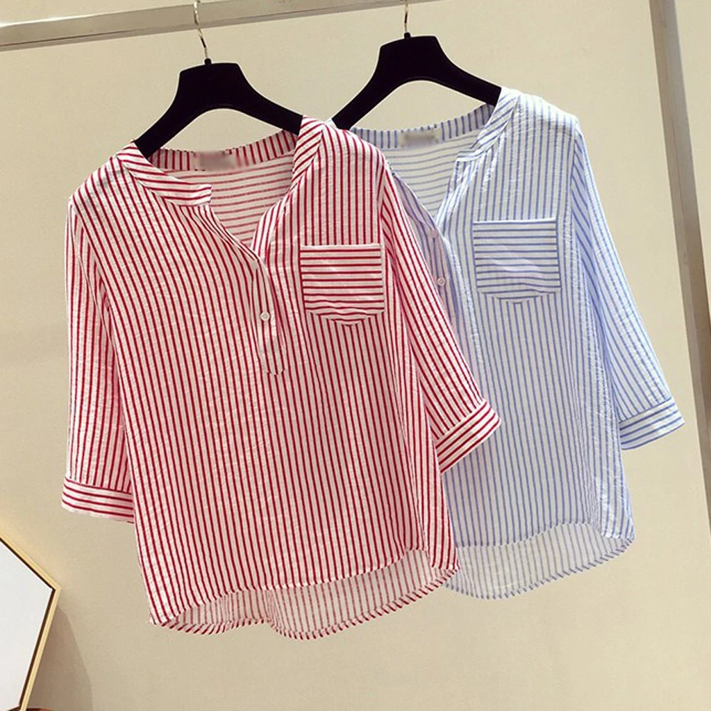 Summer Fashion Women S Blouse V Neck Tops Women Shirt Leisure Button Stripe Half Sleeve Ladies Clothing Shein Vadim Ropa Mujer Blouses Shirts Aliexpress