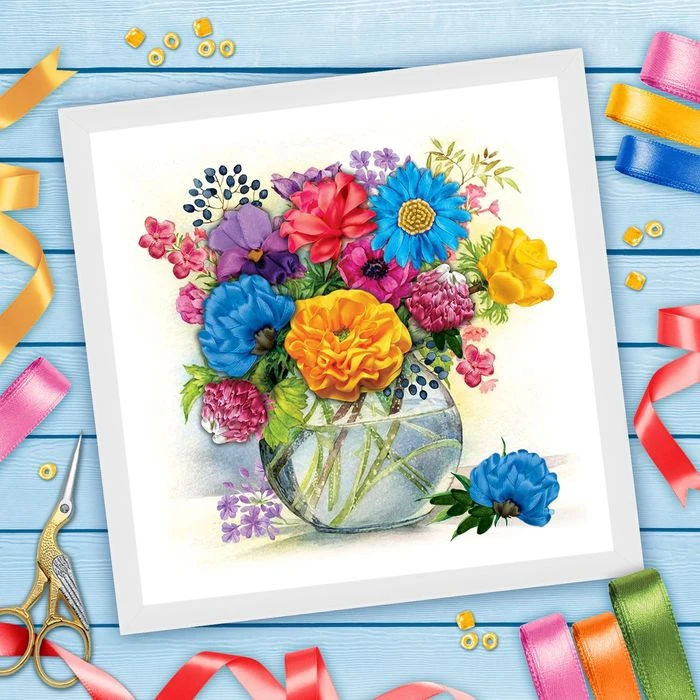 Вышивка лентами &quotВаза с цветами&quot 35 х см | Дом и сад