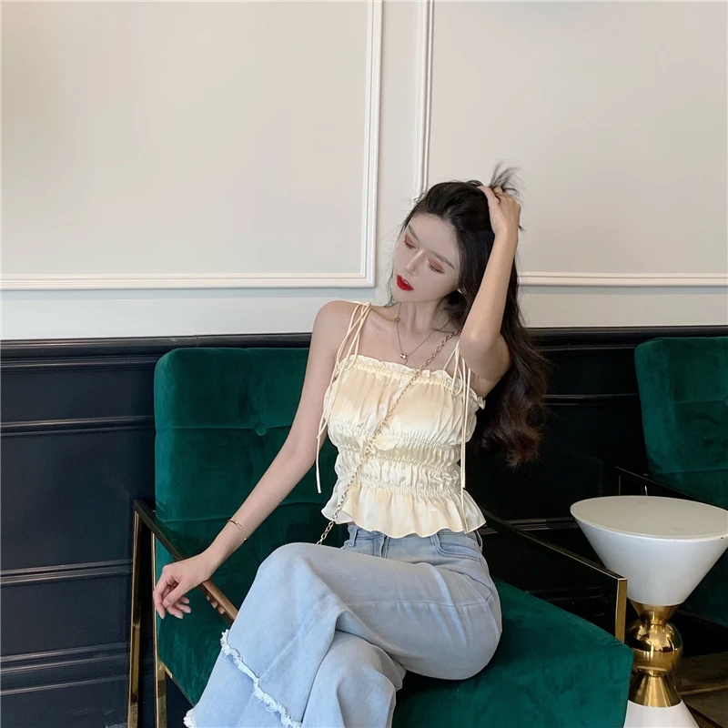 Женская одежда camis с оборками, короткие, однотонные, сексуальные, стильные, летние, с низким вырезом, с открытой спиной и плечами, модные, брендовые, новые