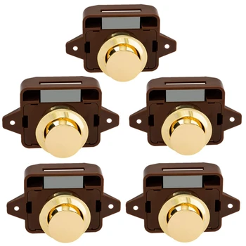 

Promotion! 5Pcs Keyless Push Button Catch Door Knob Lock for RV Caravan Cabinet Boat Motor Home Cupboard, Brown Gold