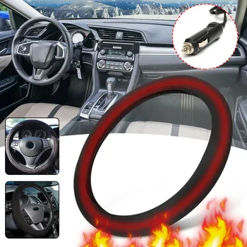 

12V Protective Steering Wheel Cover Winter Black Electric Heated Soft Accessories Universal 15 Inch Car Lighter Plug Warm