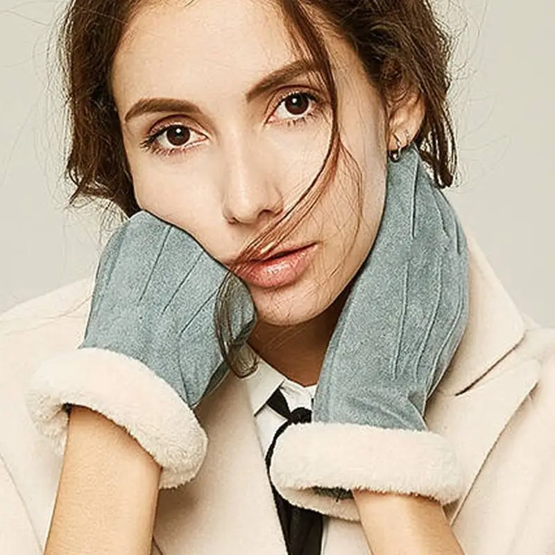 

Womens Winter Suede Touch Screen Full Finger Gloves with Bowknot Plush Cuff Thick Lined Thermal Mittens Driving Wrist Warmer