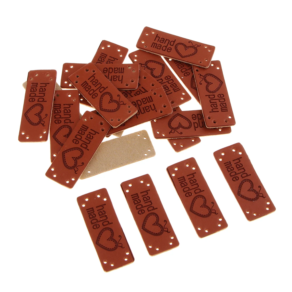 20Pcs PU Leather Label Handmade Label with Holes Embellishment Knit DIY Ornaments for Clothing Jeans Bags Shoes Crafts